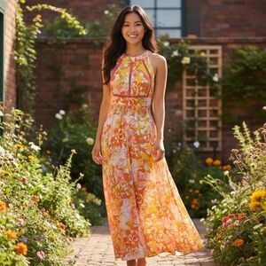 Anthropologie ABEL THE LABEL Halter Maxi Dress Floral Crochet Orange Pink XS